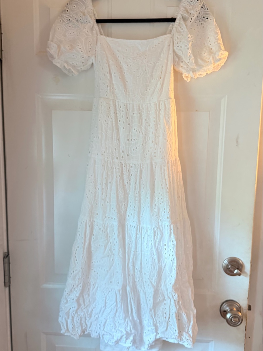 White Eyelet Puff-Sleeve Maxi Dress from FRANCESCA’S